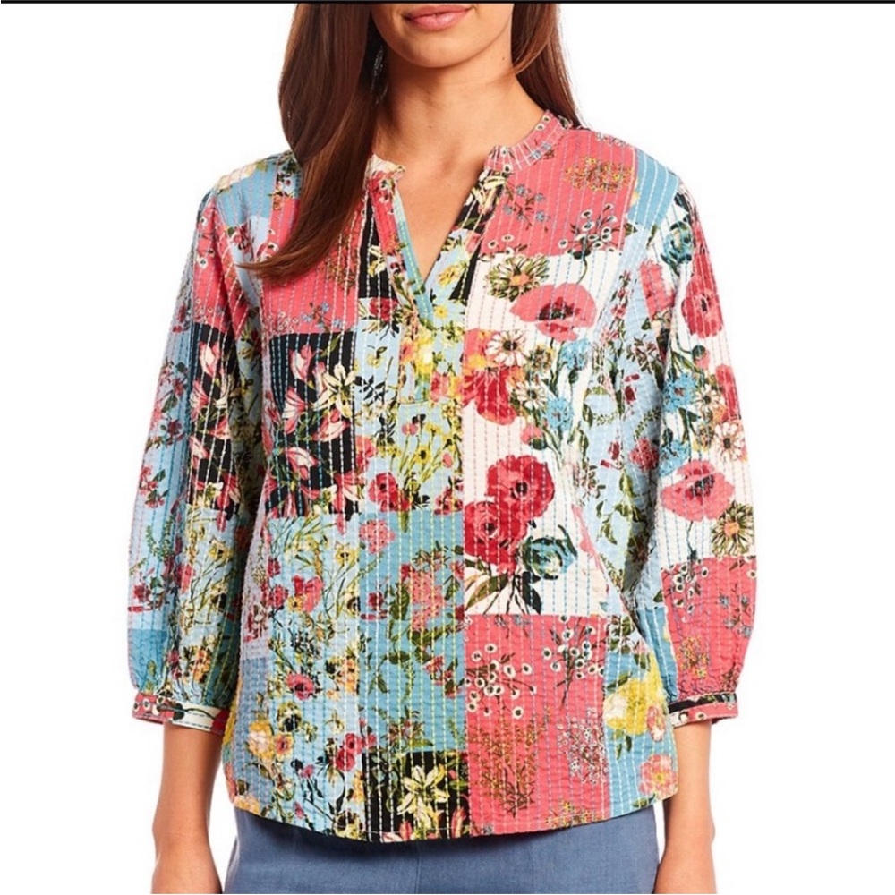 John Mark 3/4 Sleeve‎ Split V- Neck Floral Patchwork Bohemian Blouse